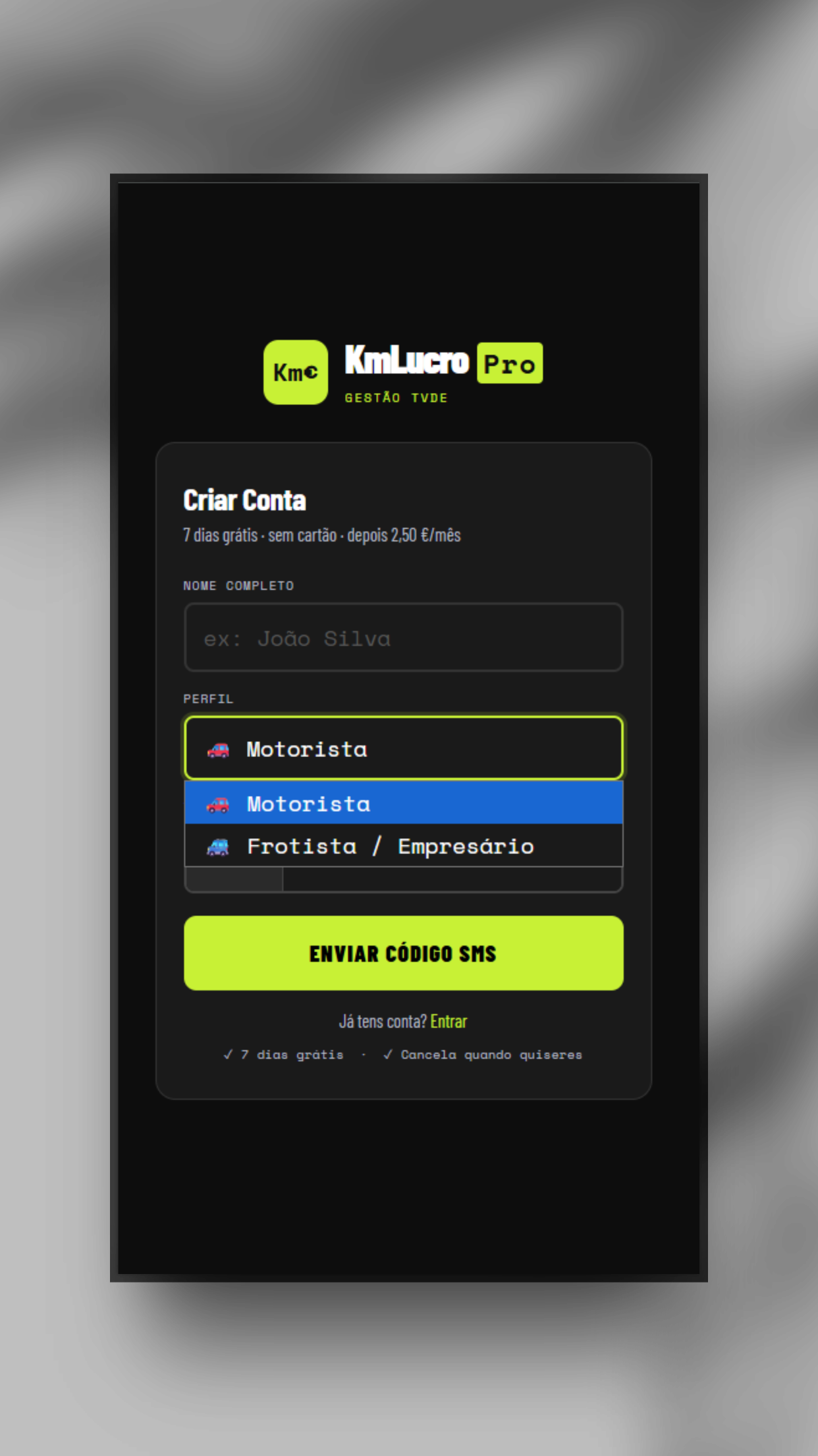 Pré-visualização da app KmLucro Pro